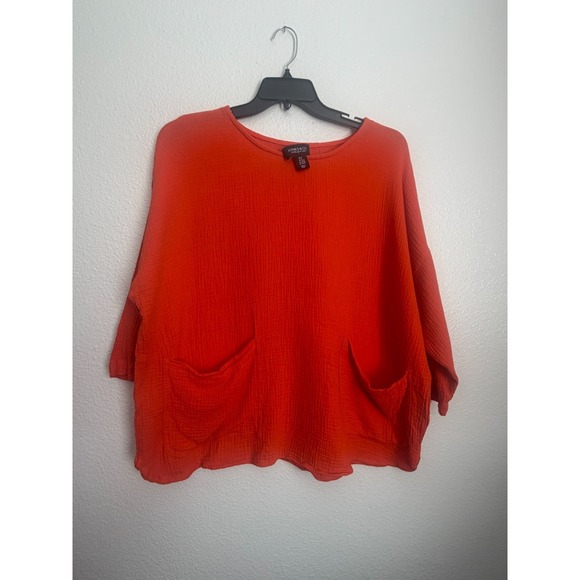 CO Tops - Jones & Co Top Womens 1X Orange Crinkled Cotton 3/4 Sleeves Dual Pocket Front